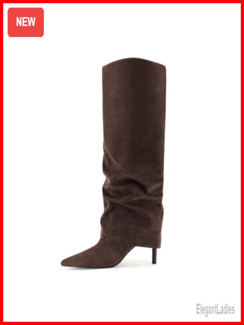 Fold Over Knee High Boots Pointed Toe Slouch Stiletto Heel Side Zip